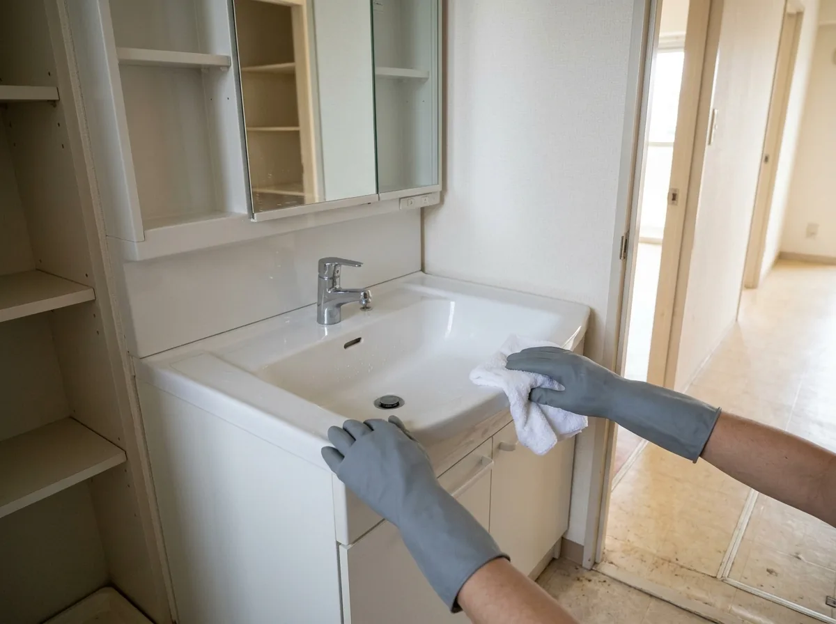 家具のない中古マンションの洗面所で、洗面ボウルの縁を手袋の手がクロスでなでている手元