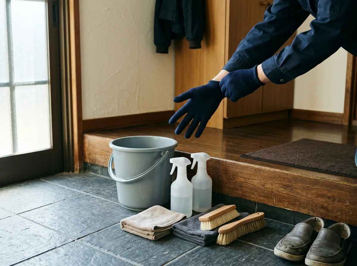 玄関の床に置いたバケツと掃除道具のそばで、手袋をはめている手元