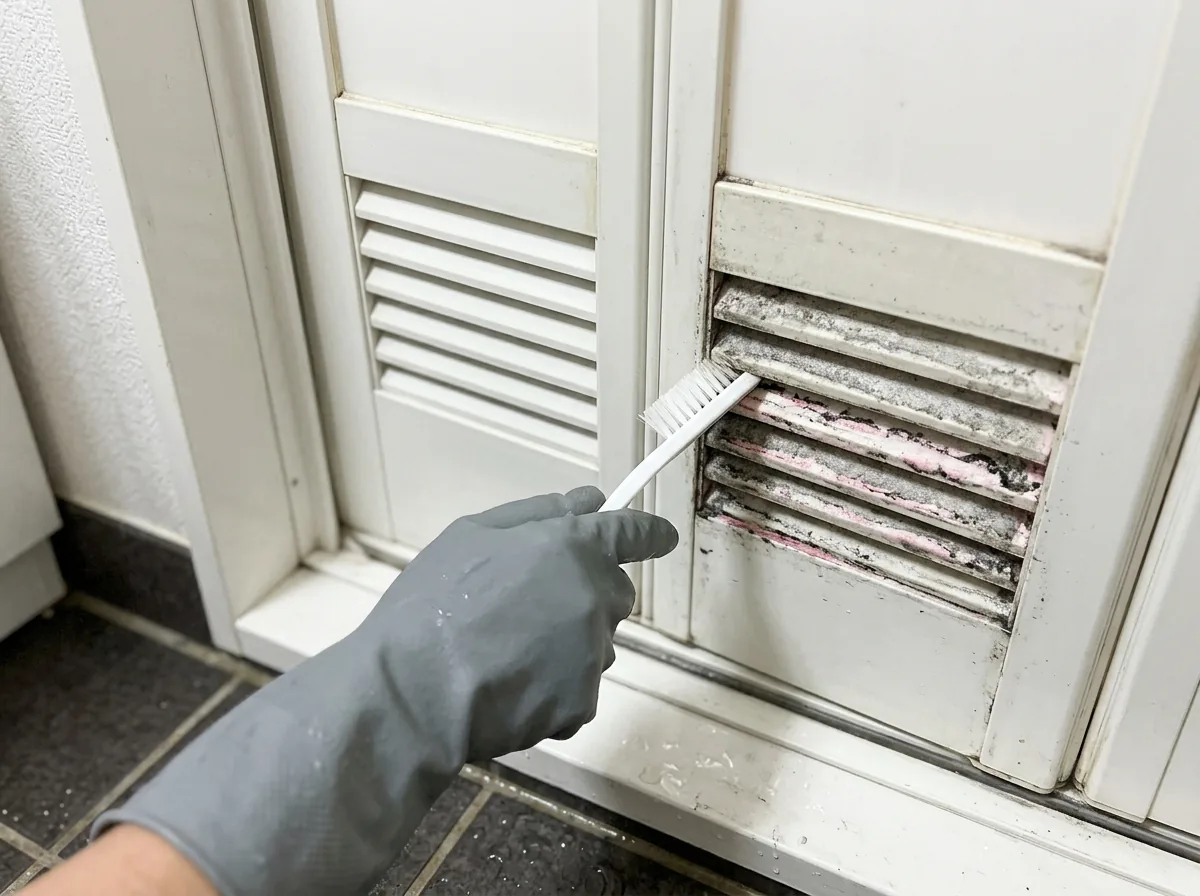 浴室ドア下の通気口のすき間に、細いブラシを通している手元